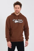 Erkek 3 İplik Pamuklu İçi Polarlı Baskılı Regular Fit Kapüşonlu Kanguru Cepli Kahverengi Sweatshirt - 1