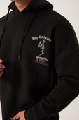 Erkek 3 İplik Pamuklu İçi Polarlı Ön Arka Baskılı Oversize Kapüşonlu Siyah Sweatshirt - 6