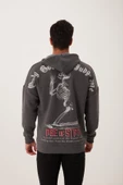 Erkek 3 İplik Pamuklu İçi Polarlı Ön Arka Baskılı Oversize Kapüşonlu Antrasit Sweatshirt - 5