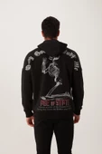 Erkek 3 İplik Pamuklu İçi Polarlı Ön Arka Baskılı Oversize Kapüşonlu Siyah Sweatshirt - 8