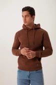 Erkek Kapüşonlu Kanguru Cep 3 İplik Sweatshirt  Kahverengi thumbnail 4