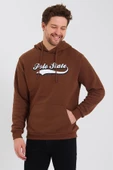 Erkek 3 İplik Pamuklu İçi Polarlı Baskılı Regular Fit Kapüşonlu Kanguru Cepli Kahverengi Sweatshirt - 9