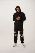 Erkek 3 İplik Pamuklu İçi Polarlı Oversize Göğüs Cepli Kapuşonlu Siyah Sweatshirt - 5