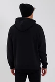 Erkek 3 İplik Pamuklu İçi Polarlı Baskılı Regular Fit Kapüşonlu Kanguru Cepli Siyah Sweatshirt - 12