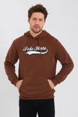 Erkek 3 İplik Pamuklu İçi Polarlı Baskılı Regular Fit Kapüşonlu Kanguru Cepli Kahverengi Sweatshirt - 3
