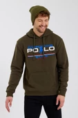 Erkek Kapüşonlu Baskılı 3 İplik Sweatshirt Haki - 3