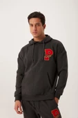 Erkek 3 İplik Pamuklu İçi Polarlı Oversize Nakışlı Kapüşonlu Kanguru Cepli Antrasit Sweatshirt - 5
