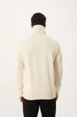 Erkek Relax Fit 3 İplik Rahat Kesim Pamuklu İçi Polarlı Yarım Fermuarlı Dik Yaka Ekru Sweatshirt - 12