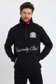 Erkek Relax Fit 3 İplik Rahat Kesim Pamuklu İçi Polarlı Yarım Fermuarlı Dik Yaka Siyah Sweatshirt - 6