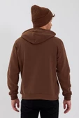 Erkek Kapüşonlu Baskılı 3 İplik Sweatshirt Kahverengi thumbnail 8
