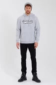 Erkek 3 İplik Pamuklu İçi Polarlı Baskılı Regular Fit Kapüşonlu Kanguru Cepli Gri Sweatshirt - 6