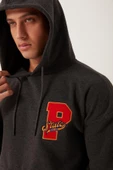 Erkek 3 İplik Pamuklu İçi Polarlı Oversize Nakışlı Kapüşonlu Kanguru Cepli Antrasit Sweatshirt - 2