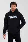 Erkek 3 İplik Pamuklu İçi Polarlı Baskılı Regular Fit Kapüşonlu Kanguru Cepli Siyah Sweatshirt - 5
