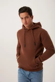 Erkek Kapüşonlu Kanguru Cep 3 İplik Sweatshirt  Kahverengi thumbnail 8