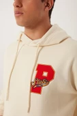 Erkek 3 İplik Pamuklu İçi Polarlı Oversize Nakışlı Kapüşonlu Kanguru Cepli Ekru Sweatshirt - 6