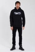 Erkek 3 İplik Pamuklu İçi Polarlı Baskılı Regular Fit Kapüşonlu Kanguru Cepli Siyah Sweatshirt - 2