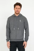 Erkek 3 İplik Pamuklu Regular Fit Nakışlı Fermuarlı Kapüşonlu Cepli Antrasit Sweatshirt - 4