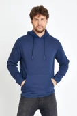 Erkek Kapüşonlu Kanguru Cep 3 İplik Sweatshirt İndigo thumbnail 2