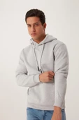 Erkek Kapüşonlu Kanguru Cep 3 İplik Sweatshirt  Gri Melanj thumbnail 1