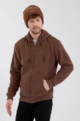 Erkek Fermuarlı Kanguru Cep 3 İplik Sweatshirt  Kahverengi thumbnail 3