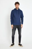 Erkek Kapüşonlu Kanguru Cep 3 İplik Sweatshirt İndigo thumbnail 3