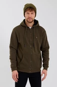 Erkek Fermuarlı Kanguru Cep 3 İplik Sweatshirt  Haki thumbnail 11