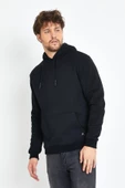 Erkek Kapüşonlu Kanguru Cep 3 İplik Sweatshirt Siyah thumbnail 3
