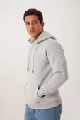 Erkek Kapüşonlu Kanguru Cep 3 İplik Sweatshirt  Gri Melanj thumbnail 2