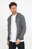 Erkek 3 İplik Pamuklu Regular Fit Nakışlı Fermuarlı Kapüşonlu Cepli Antrasit Sweatshirt - 1