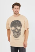 Erkek Parça Boya Baskılı Oversize Basic T-shirt  Bej thumbnail 3
