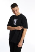 Erkek Oversize Fit Open Your Eyes Baskılı Tişört Siyah - 4