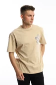 Erkek Oversize Fit Ön Arka Baskılı Basic Tişört Bej - 3