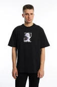 Erkek Oversize Fit Open Your Eyes Baskılı Tişört Siyah - 2