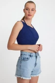 Kadın Ense Biye Detaylı Crop İndigo thumbnail 9
