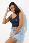 Nakışlı Kadın Askılı Crop Atlet Lacivert - 9