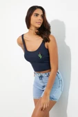 Nakışlı Kadın Askılı Crop Atlet Lacivert - 7