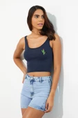 Nakışlı Kadın Askılı Crop Atlet Lacivert - 8