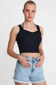 Kadın Ense Biye Detaylı Crop Siyah thumbnail 6
