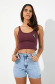 Nakışlı Kadın Askılı Crop Atlet Bordo thumbnail 3