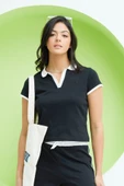 Kadın Polo Yaka Kısa Kollu T-Shirt Siyah - 5