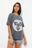 Kadın Baskılı Oversize T-shirt Antrasit thumbnail 3