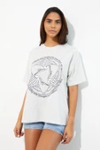 Kadın Baskılı Oversize T-shirt Gri thumbnail 3