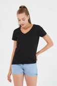 Kadın %100 Pamuk V Yaka Regular Kalıp T-shirt Siyah - 7