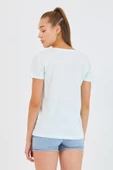 Kadın %100 Pamuk V Yaka Regular Kalıp T-shirt Su Yeşili - 8