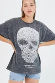 Kadın Parça Boya Baskılı Oversize Basic T-shirt  Antrasit - 4