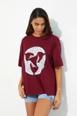Kadın Baskılı Oversize T-shirt Bordo thumbnail 9