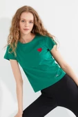 Kadın Kalp Nakışlı Bisiklet Yaka T-Shirt Yeşil thumbnail 6