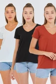 Kadın %100 Pamuk V Yaka 3lü T-shirt Paketi  Su Yeşili - 1