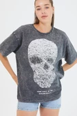 Kadın Parça Boya Baskılı Oversize Basic T-shirt  Antrasit - 8