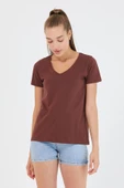 Kadın %100 Pamuk V Yaka Regular Kalıp T-shirt Kahverengi - 5